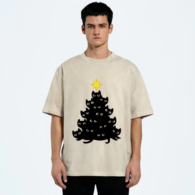 Black Cat Christmas Tree Washed T-Shirt