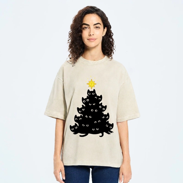 Black Cat Christmas Tree Washed T-Shirt
