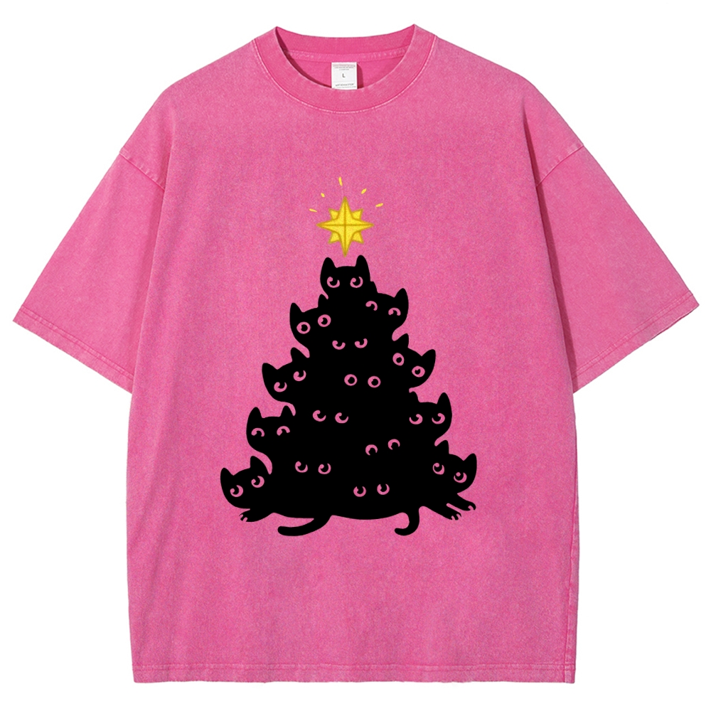 Black Cat Christmas Tree Washed T-Shirt