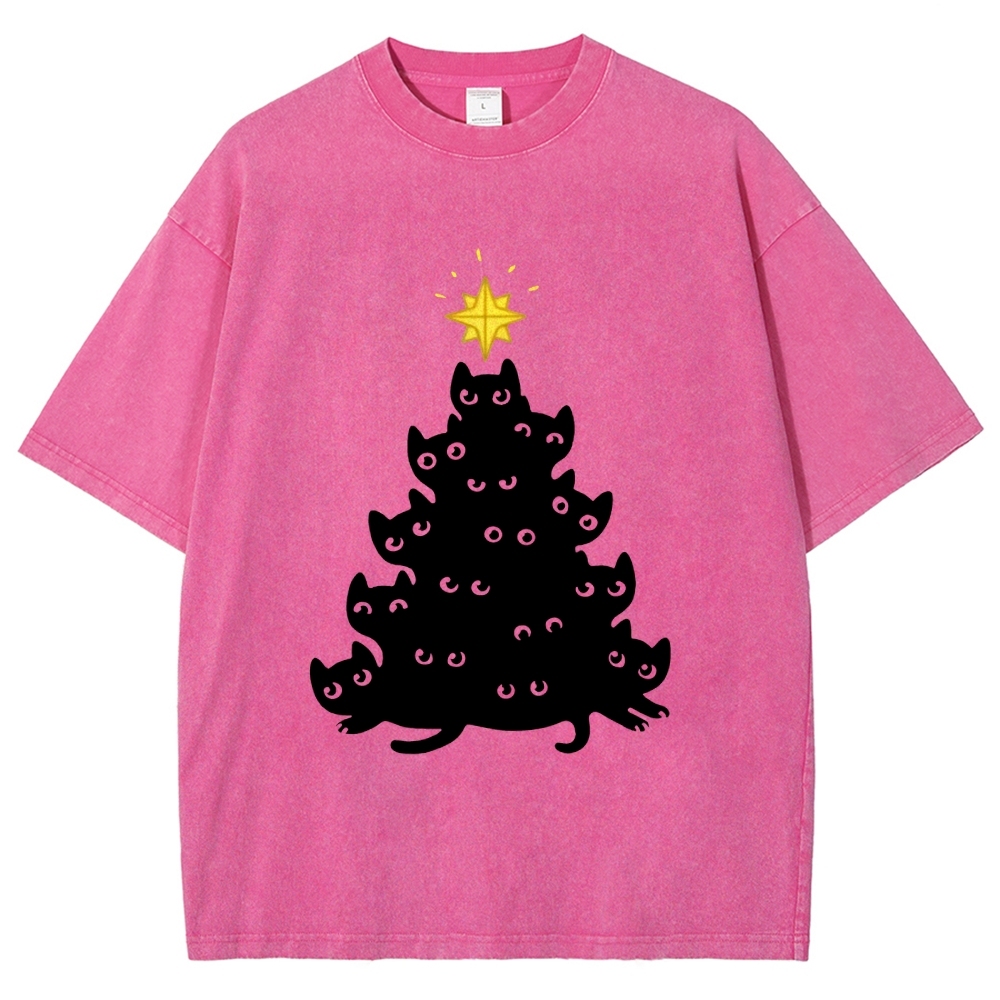 Black Cat Christmas Tree Washed T-Shirt