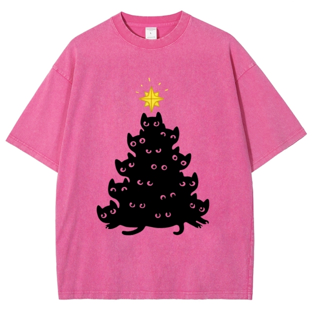 Black Cat Christmas Tree Washed T-Shirt