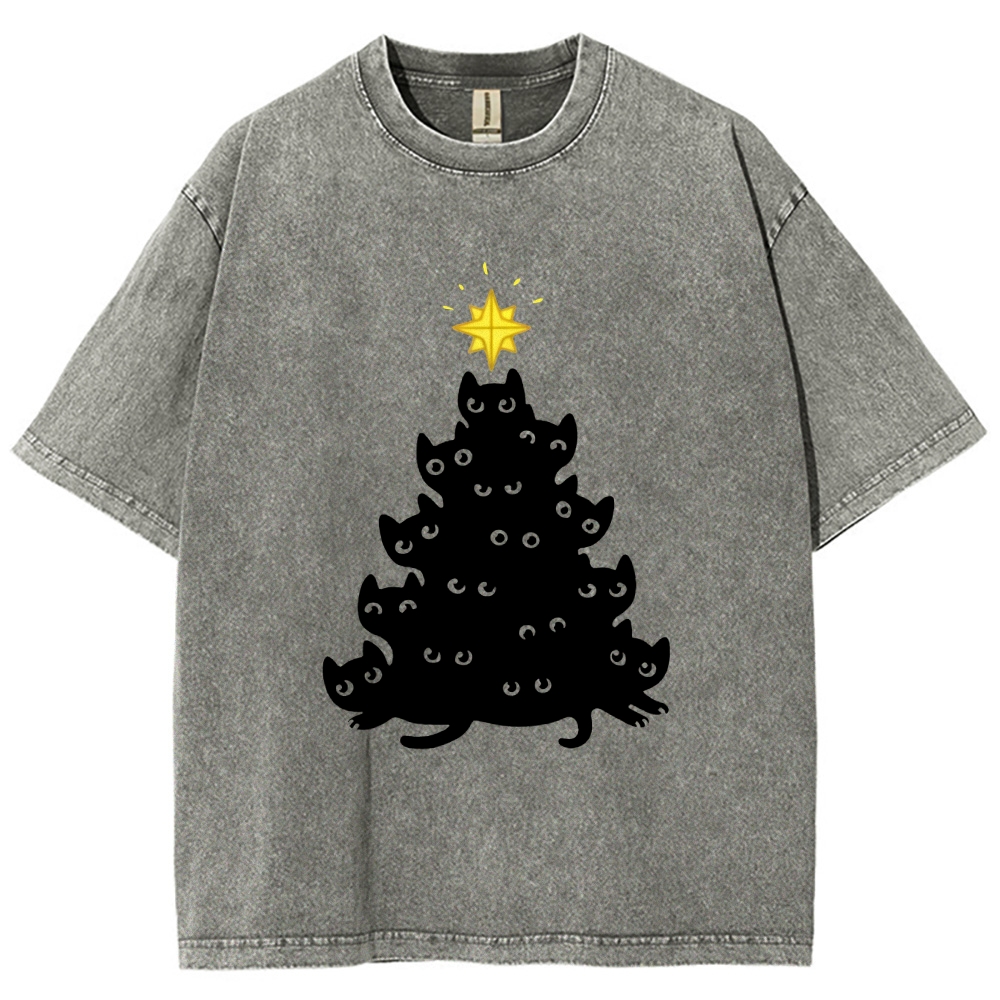 Black Cat Christmas Tree Washed T-Shirt