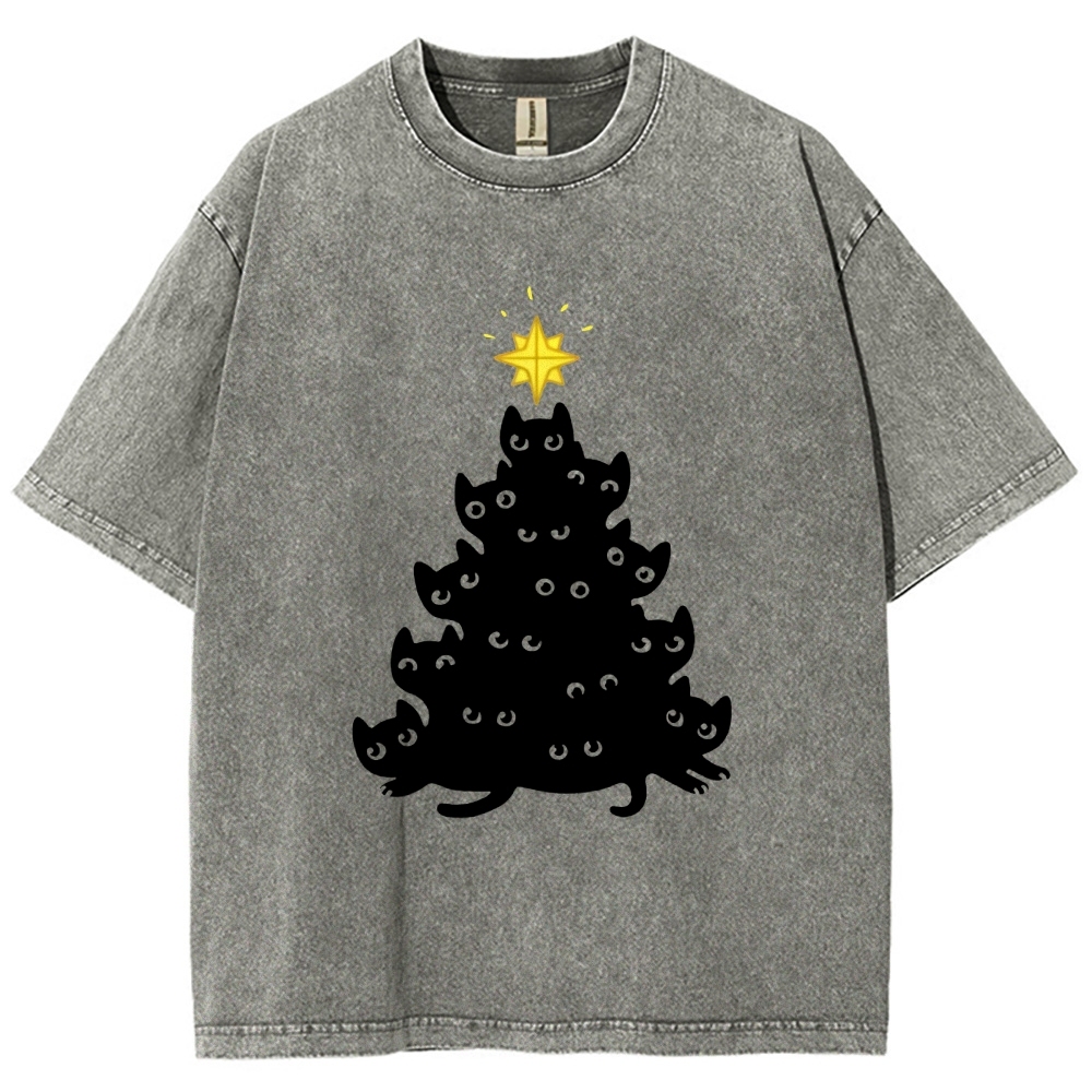 Black Cat Christmas Tree Washed T-Shirt