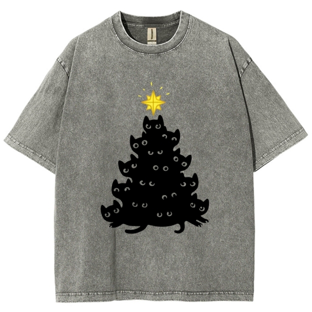 Black Cat Christmas Tree Washed T-Shirt