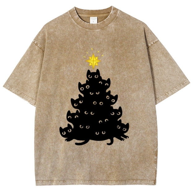 Black Cat Christmas Tree Washed T-Shirt