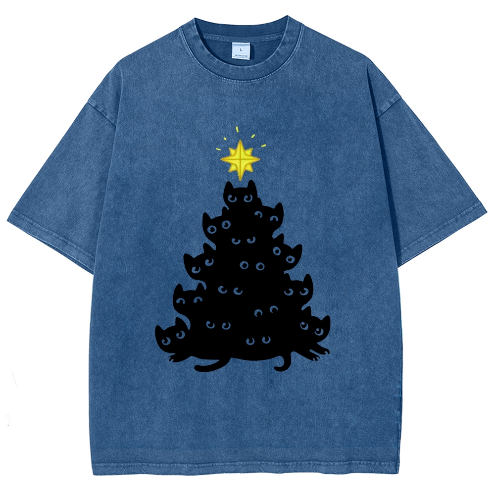 Black Cat Christmas Tree Washed T-Shirt