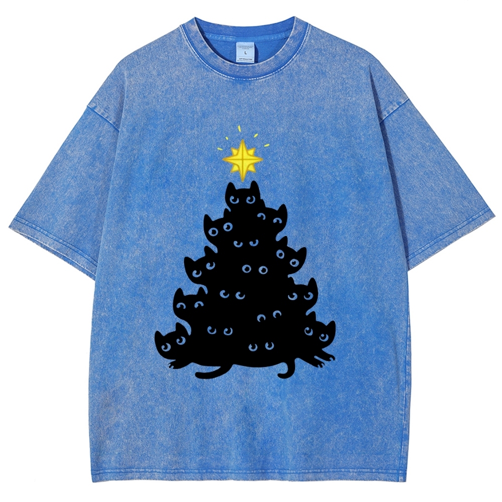 Black Cat Christmas Tree Washed T-Shirt
