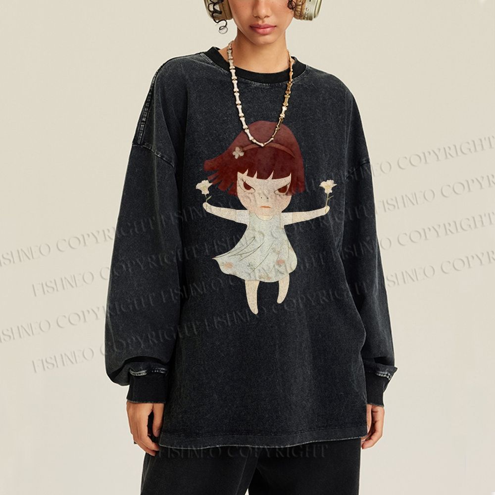 Unisex Casual Washed Fierce Girl Printed Long Sleeve T-shirt