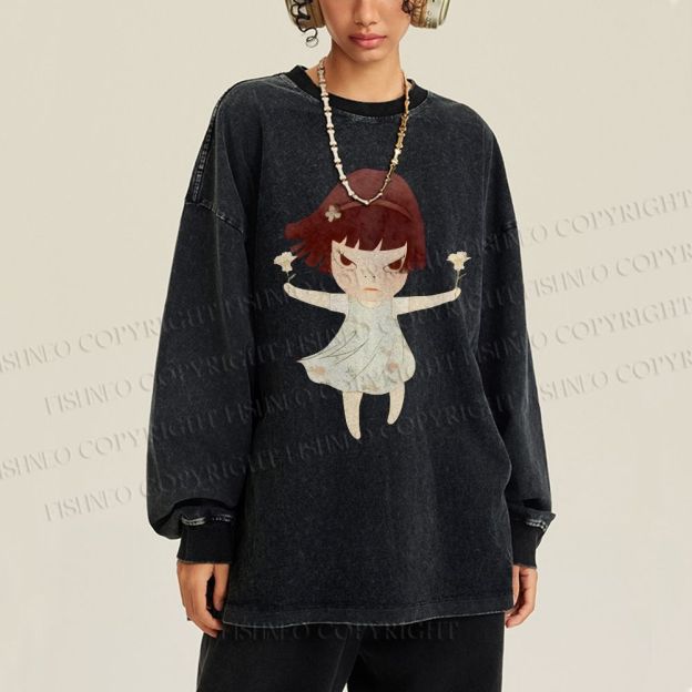 Unisex Casual Washed Fierce Girl Printed Long Sleeve T-shirt