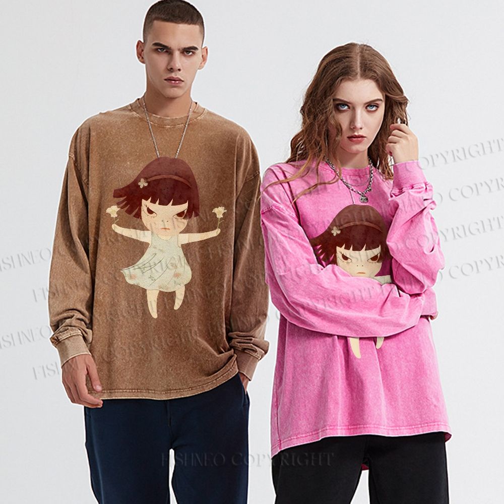 Unisex Casual Washed Fierce Girl Printed Long Sleeve T-shirt
