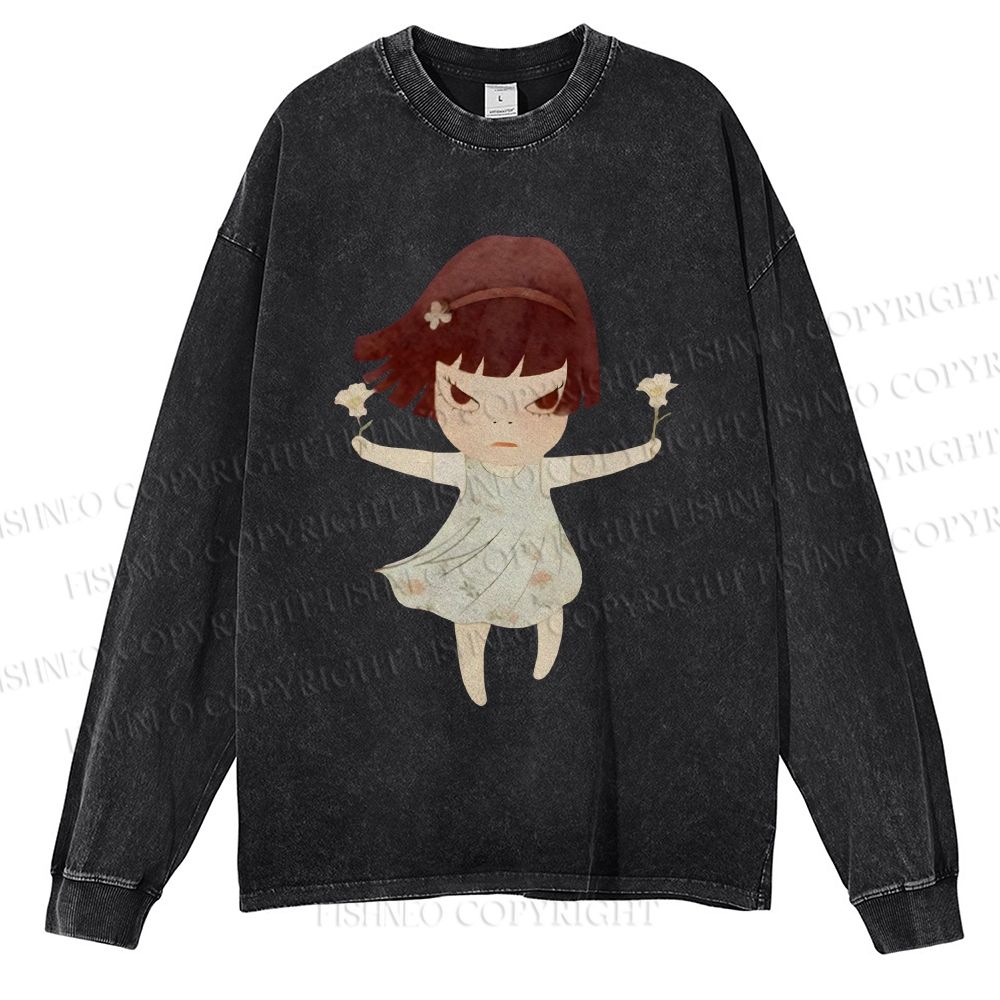 Unisex Casual Washed Fierce Girl Printed Long Sleeve T-shirt