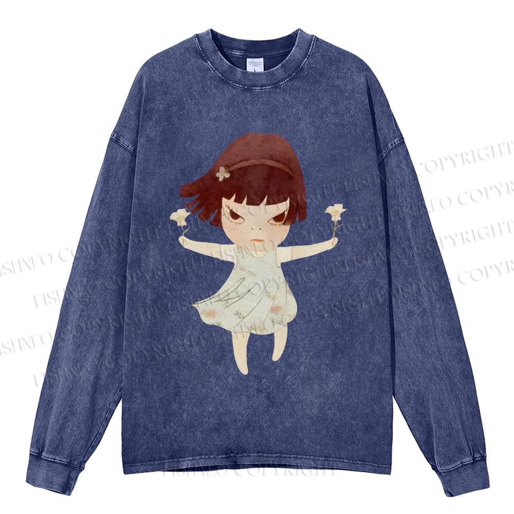 Unisex Casual Washed Fierce Girl Printed Long Sleeve T-shirt