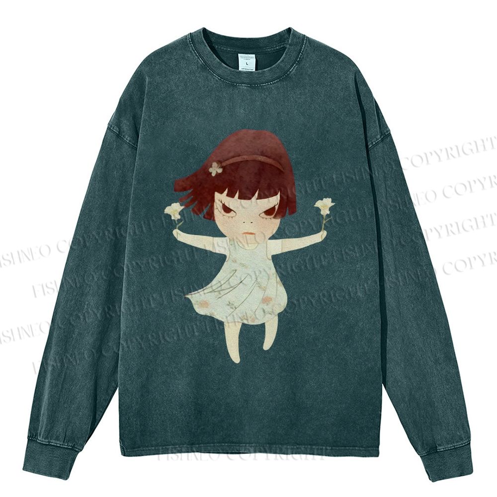 Unisex Casual Washed Fierce Girl Printed Long Sleeve T-shirt