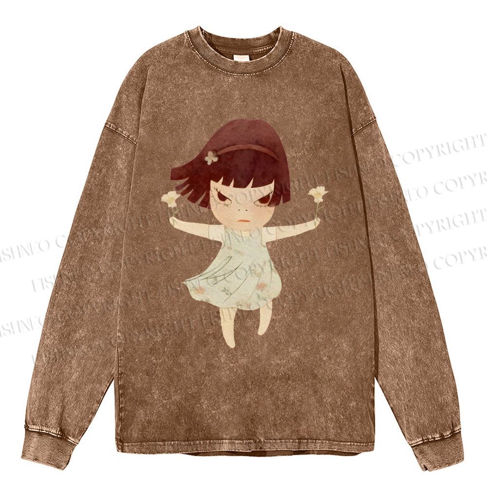 Unisex Casual Washed Fierce Girl Printed Long Sleeve T-shirt