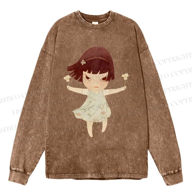 Unisex Casual Washed Fierce Girl Printed Long Sleeve T-shirt