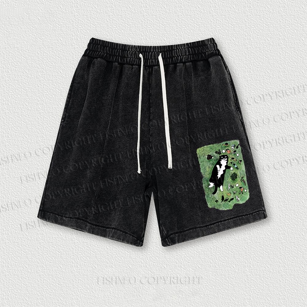 Cute Cat Graffiti Washed Vintage Shorts