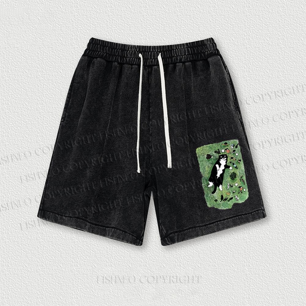 Cute Cat Graffiti Washed Vintage Shorts