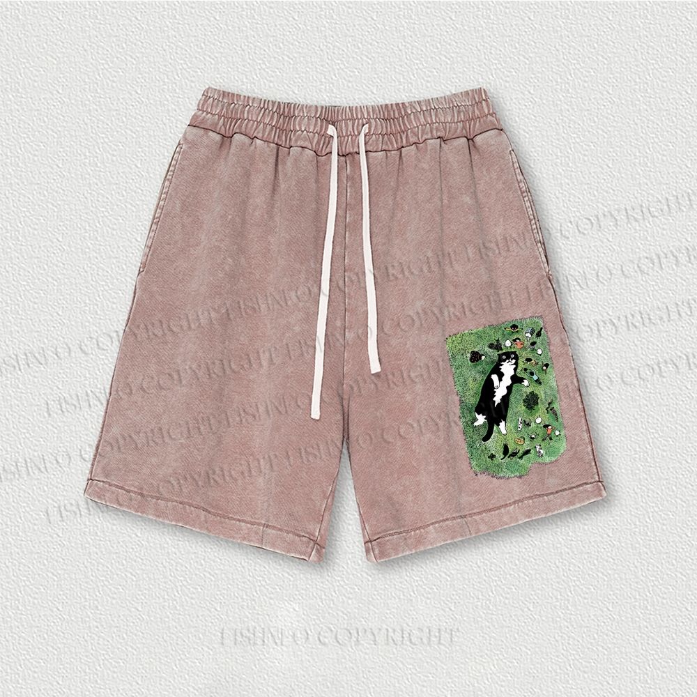 Cute Cat Graffiti Washed Vintage Shorts