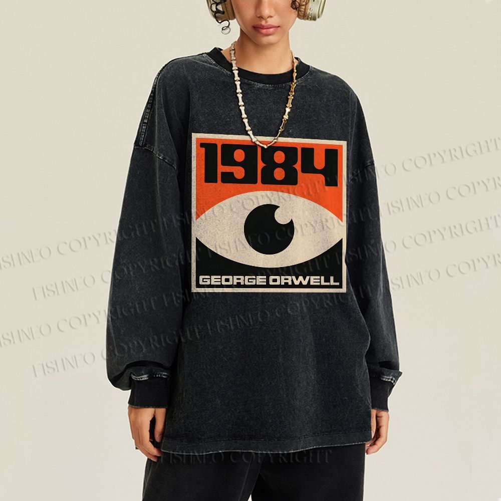 Unisex Casual Washed Vintage Eyes Printed Long Sleeve T-shirt
