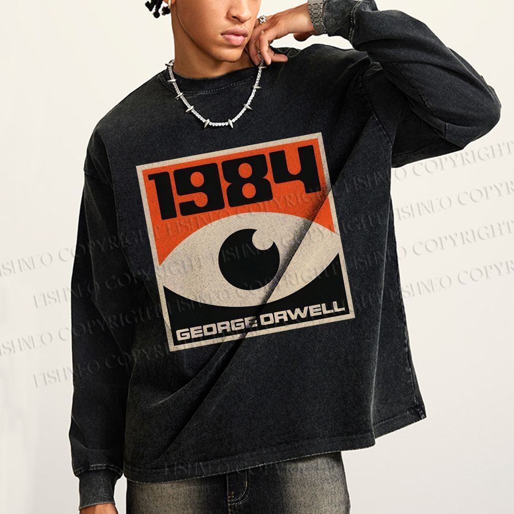 Unisex Casual Washed Vintage Eyes Printed Long Sleeve T-shirt