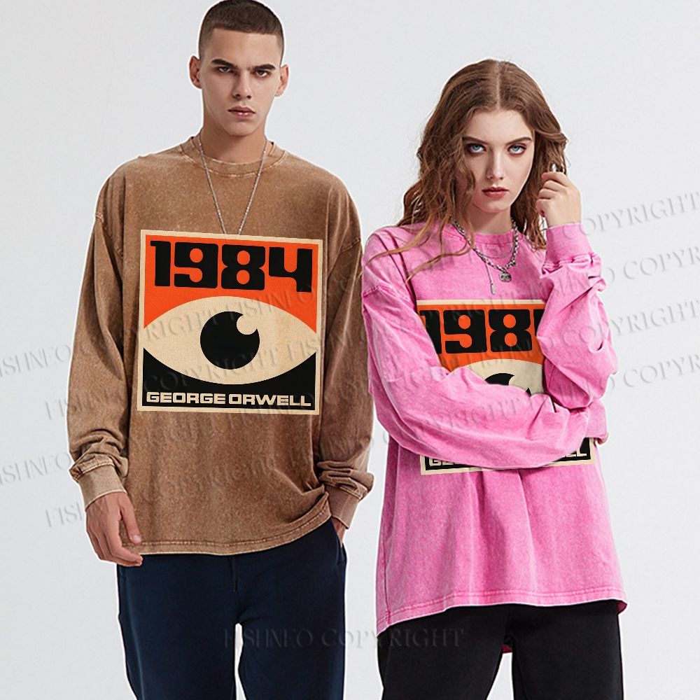 Unisex Casual Washed Vintage Eyes Printed Long Sleeve T-shirt