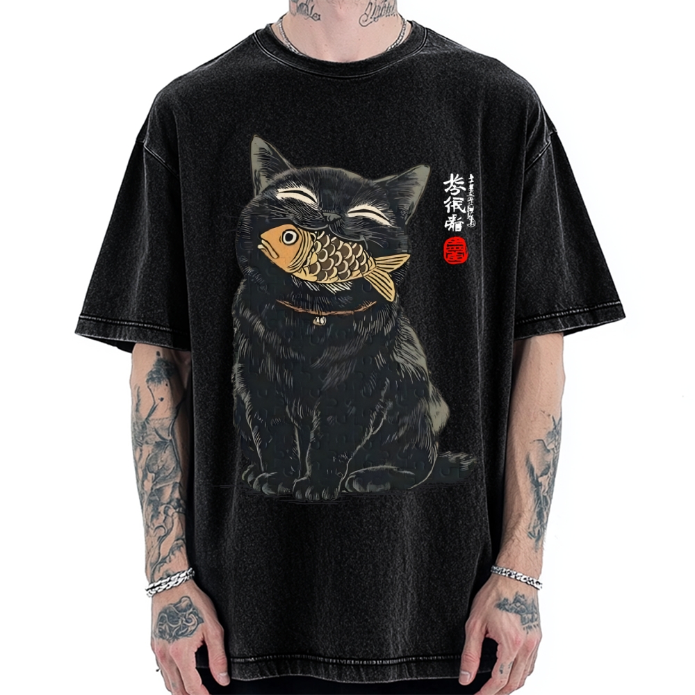 Cat Eating Fish Vintage Washed T-shirt