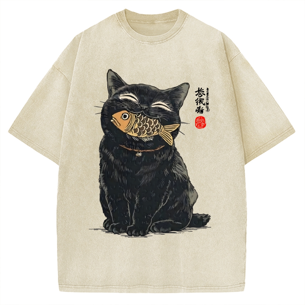 Cat Eating Fish Vintage Washed T-shirt