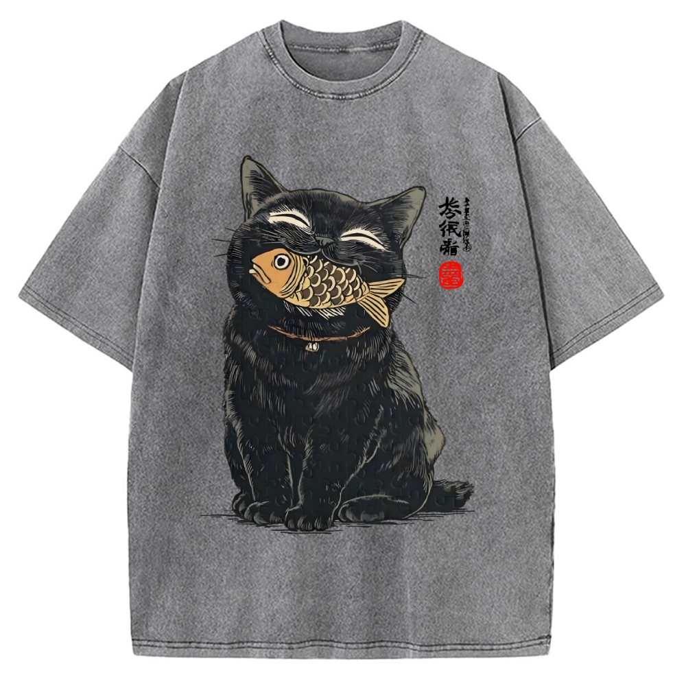 Cat Eating Fish Vintage Washed T-shirt