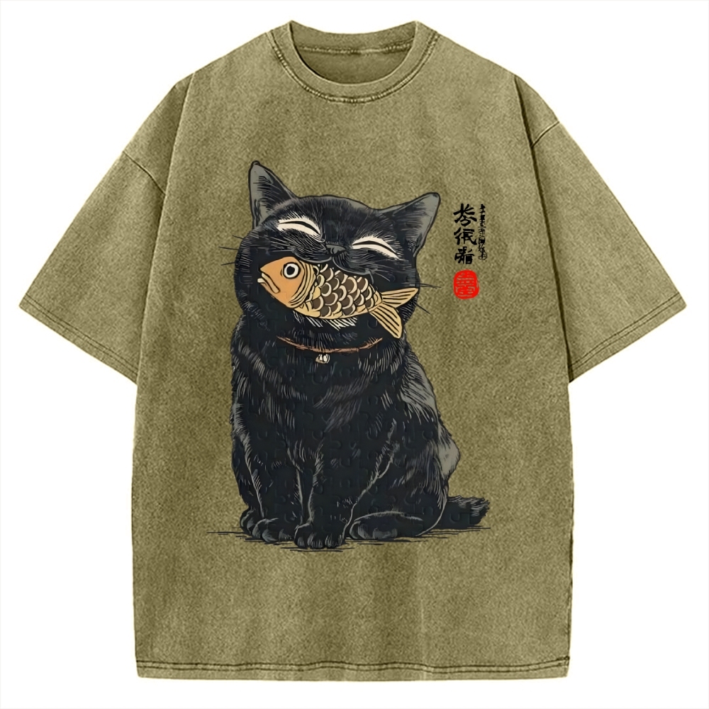 Cat Eating Fish Vintage Washed T-shirt