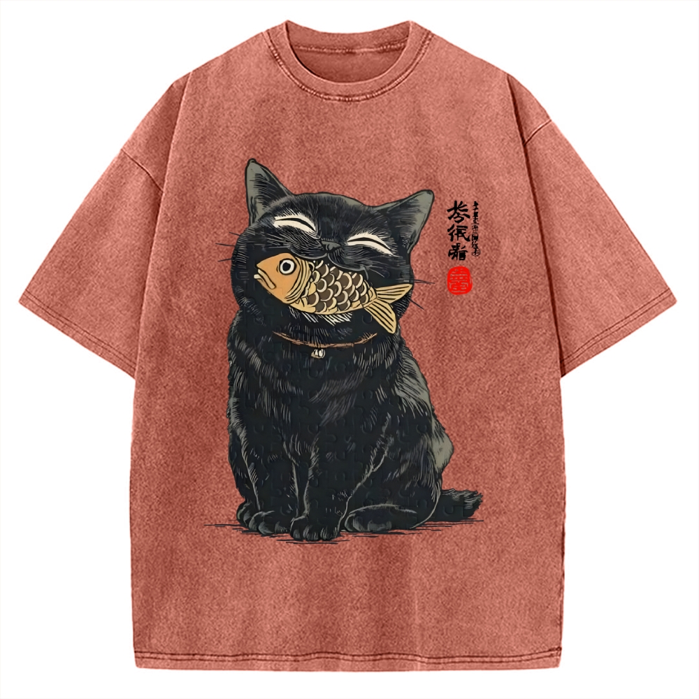 Cat Eating Fish Vintage Washed T-shirt
