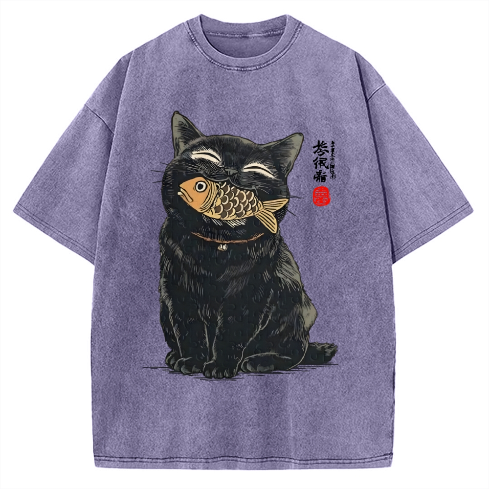 Cat Eating Fish Vintage Washed T-shirt