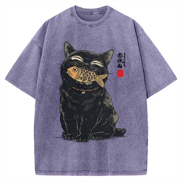 Cat Eating Fish Vintage Washed T-shirt