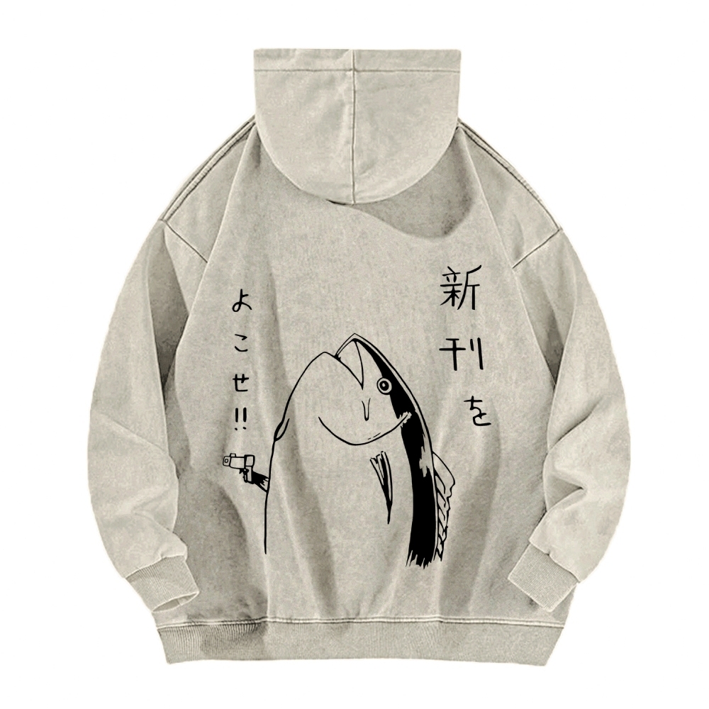 Fish Vintage Washed Cotton Back Art Hoodie
