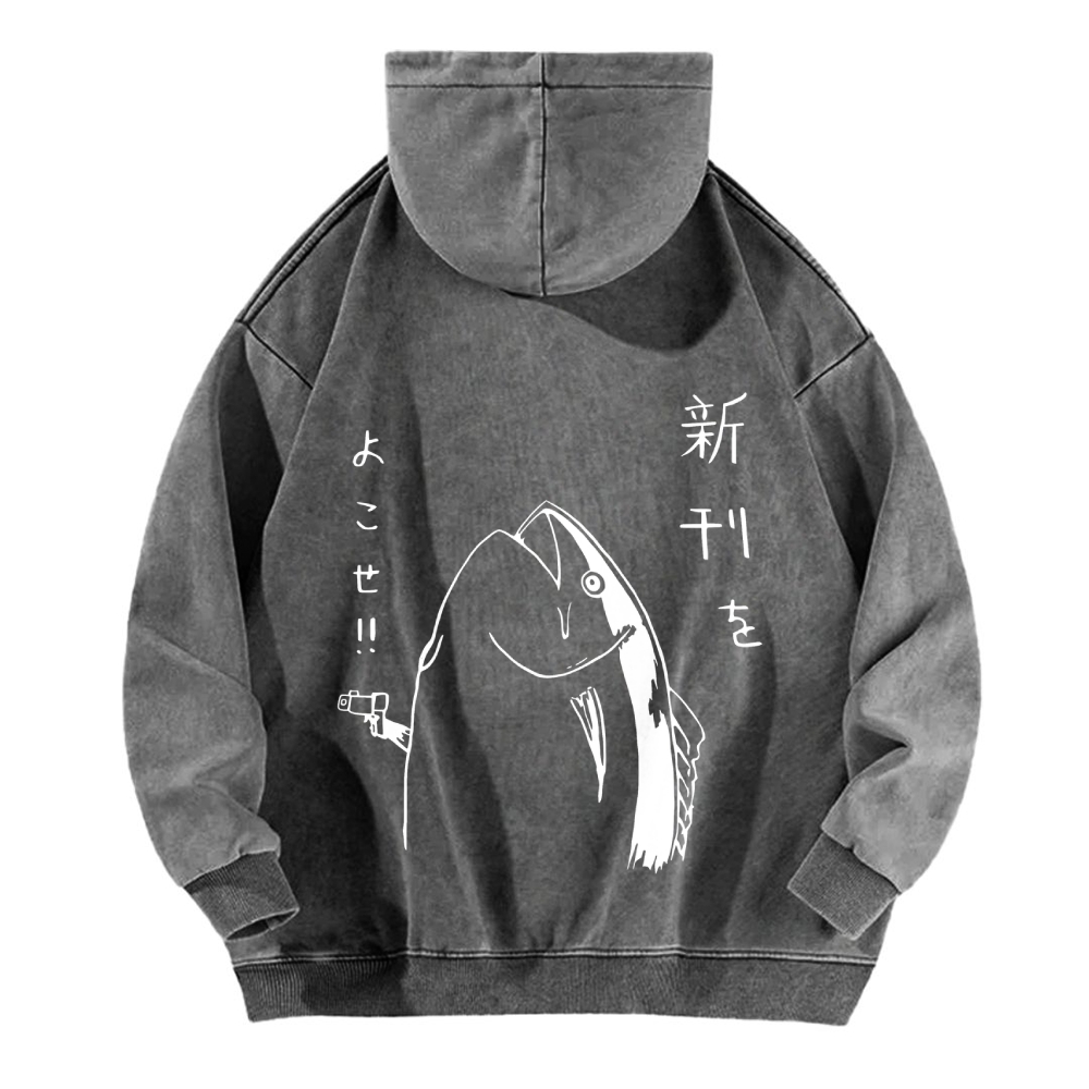 Fish Vintage Washed Cotton Back Art Hoodie