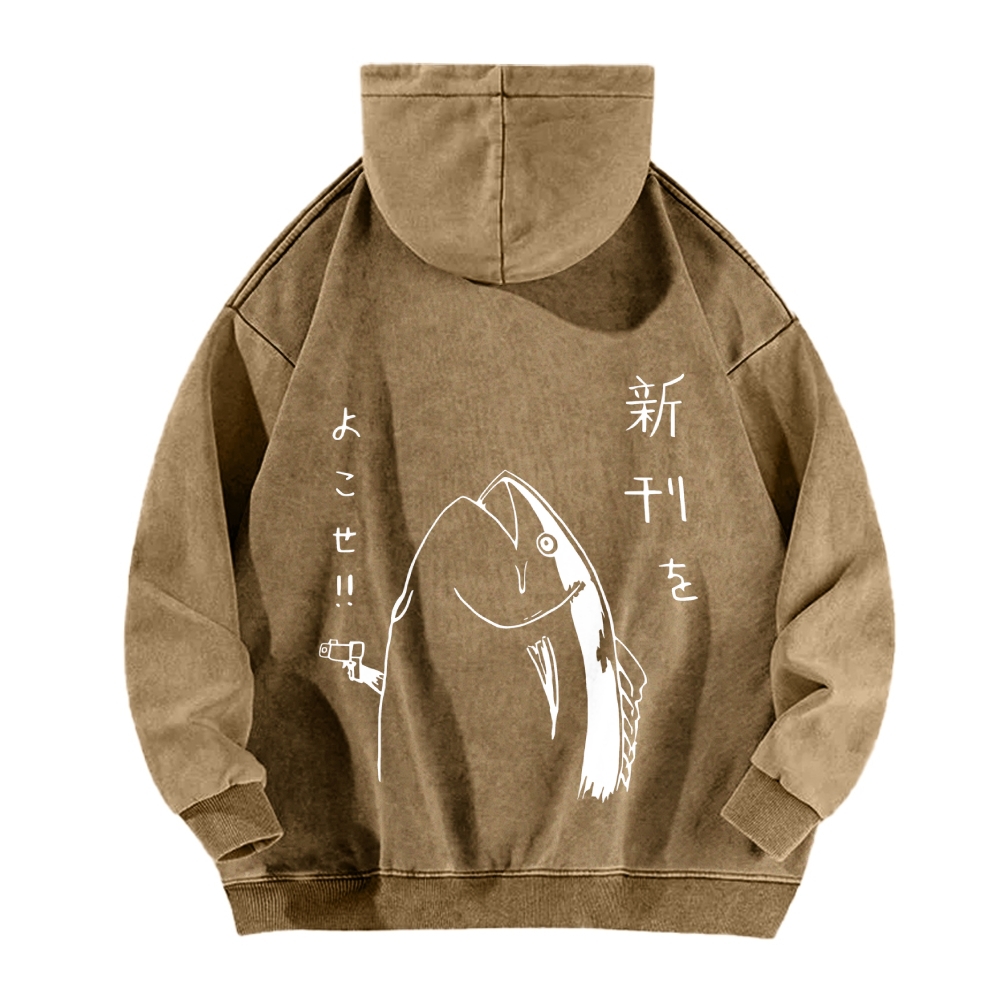 Fish Vintage Washed Cotton Back Art Hoodie