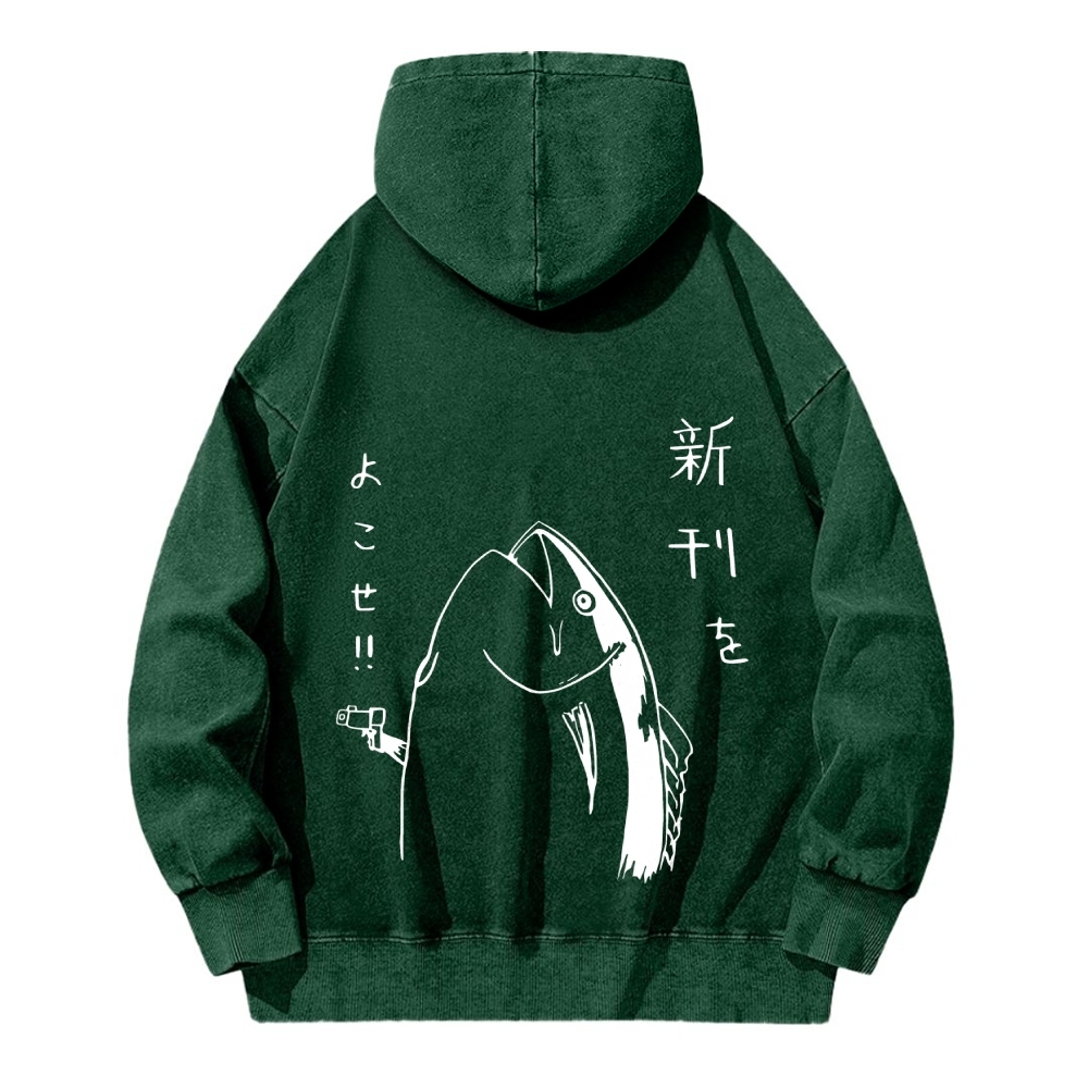 Fish Vintage Washed Cotton Back Art Hoodie