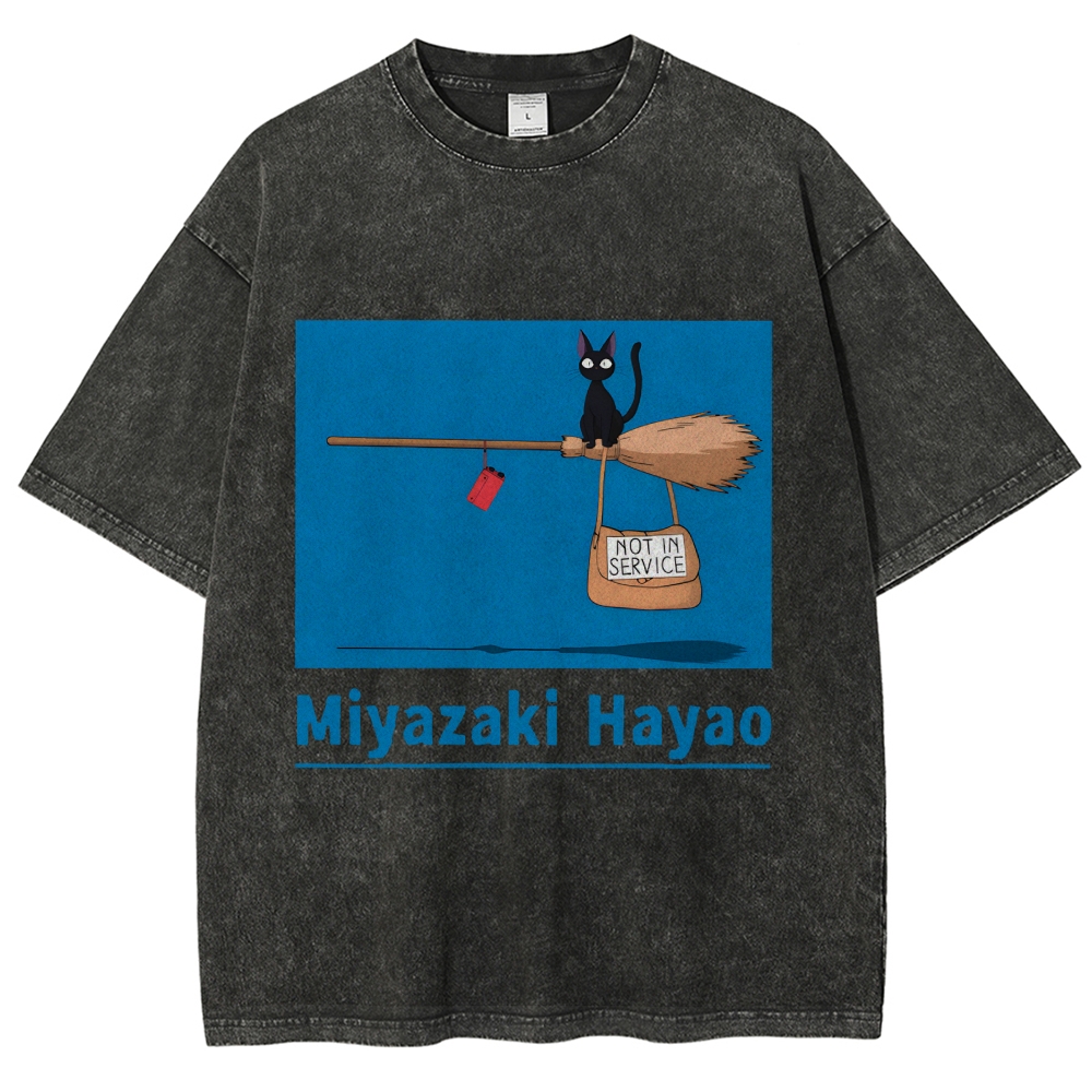 Ghibli Kiki's Delivery Service Miyazaki Hayao Cat Anime Vintage Wash Japanese Design T-Shirt