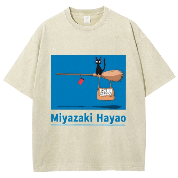 Ghibli Kiki's Delivery Service Miyazaki Hayao Cat Anime Vintage Wash Japanese Design T-Shirt