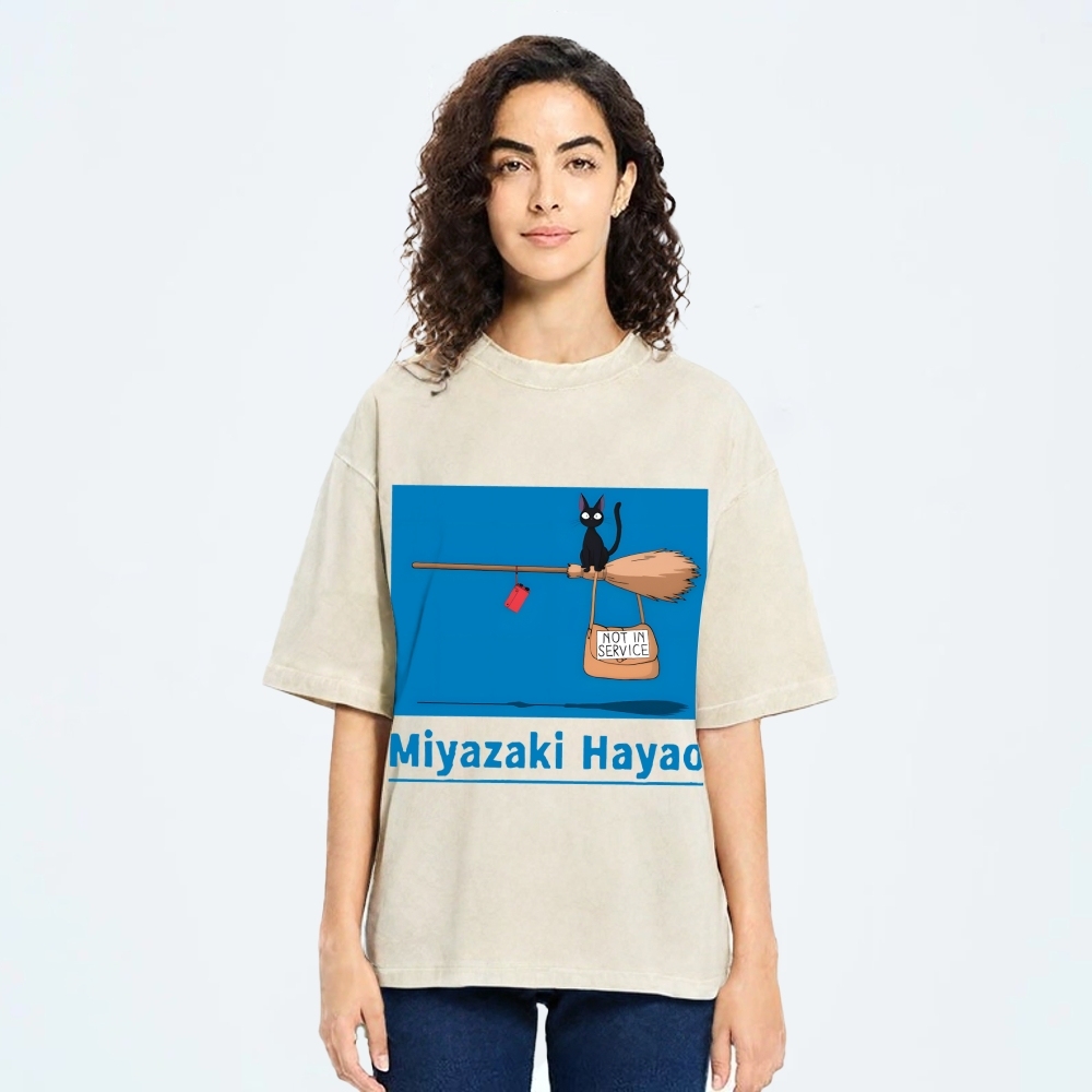 Ghibli Kiki's Delivery Service Miyazaki Hayao Cat Anime Vintage Wash Japanese Design T-Shirt