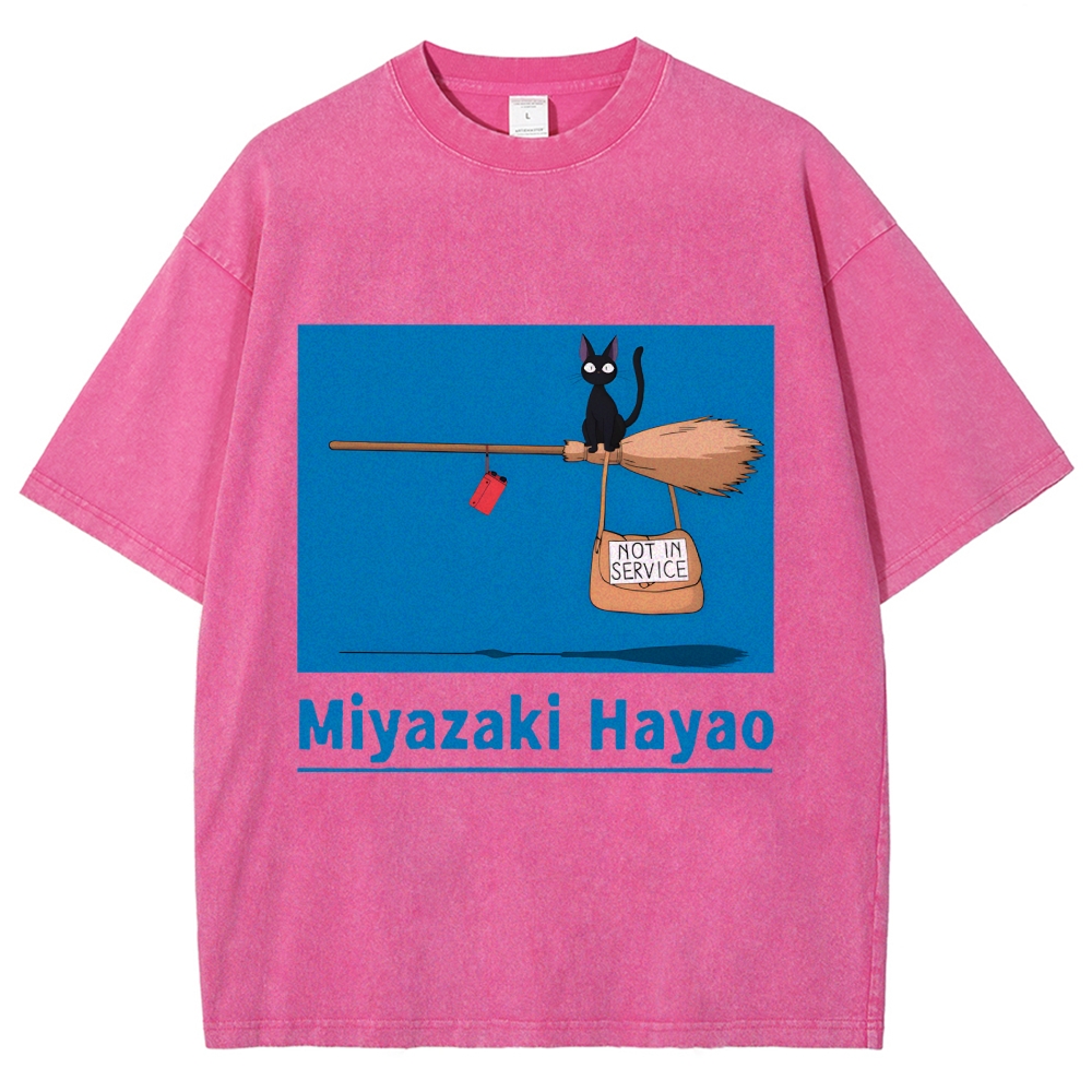 Ghibli Kiki's Delivery Service Miyazaki Hayao Cat Anime Vintage Wash Japanese Design T-Shirt