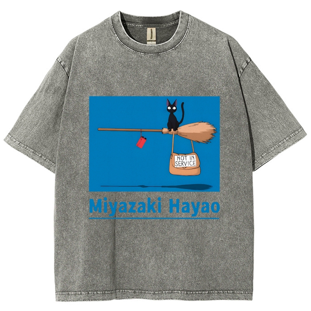 Ghibli Kiki's Delivery Service Miyazaki Hayao Cat Anime Vintage Wash Japanese Design T-Shirt