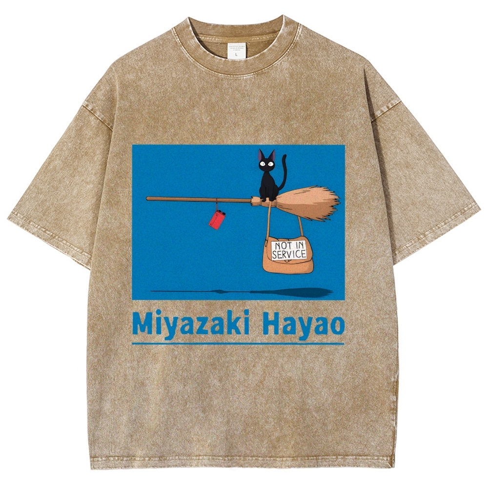 Ghibli Kiki's Delivery Service Miyazaki Hayao Cat Anime Vintage Wash Japanese Design T-Shirt
