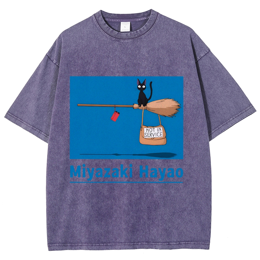 Ghibli Kiki's Delivery Service Miyazaki Hayao Cat Anime Vintage Wash Japanese Design T-Shirt