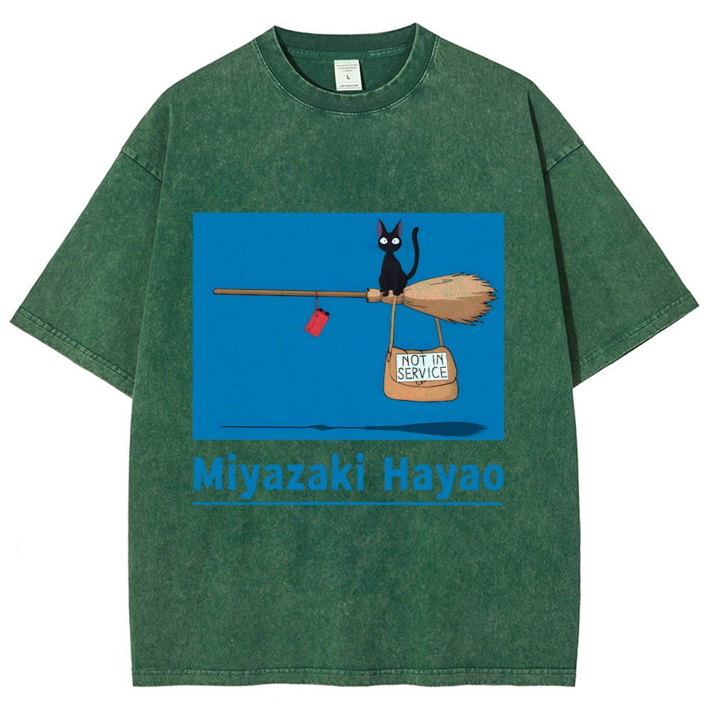 Ghibli Kiki's Delivery Service Miyazaki Hayao Cat Anime Vintage Wash Japanese Design T-Shirt