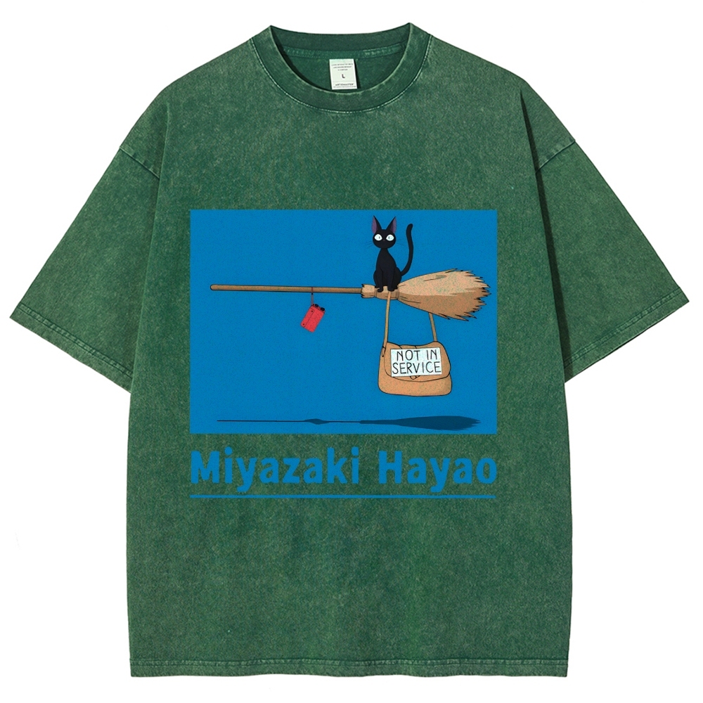 Ghibli Kiki's Delivery Service Miyazaki Hayao Cat Anime Vintage Wash Japanese Design T-Shirt