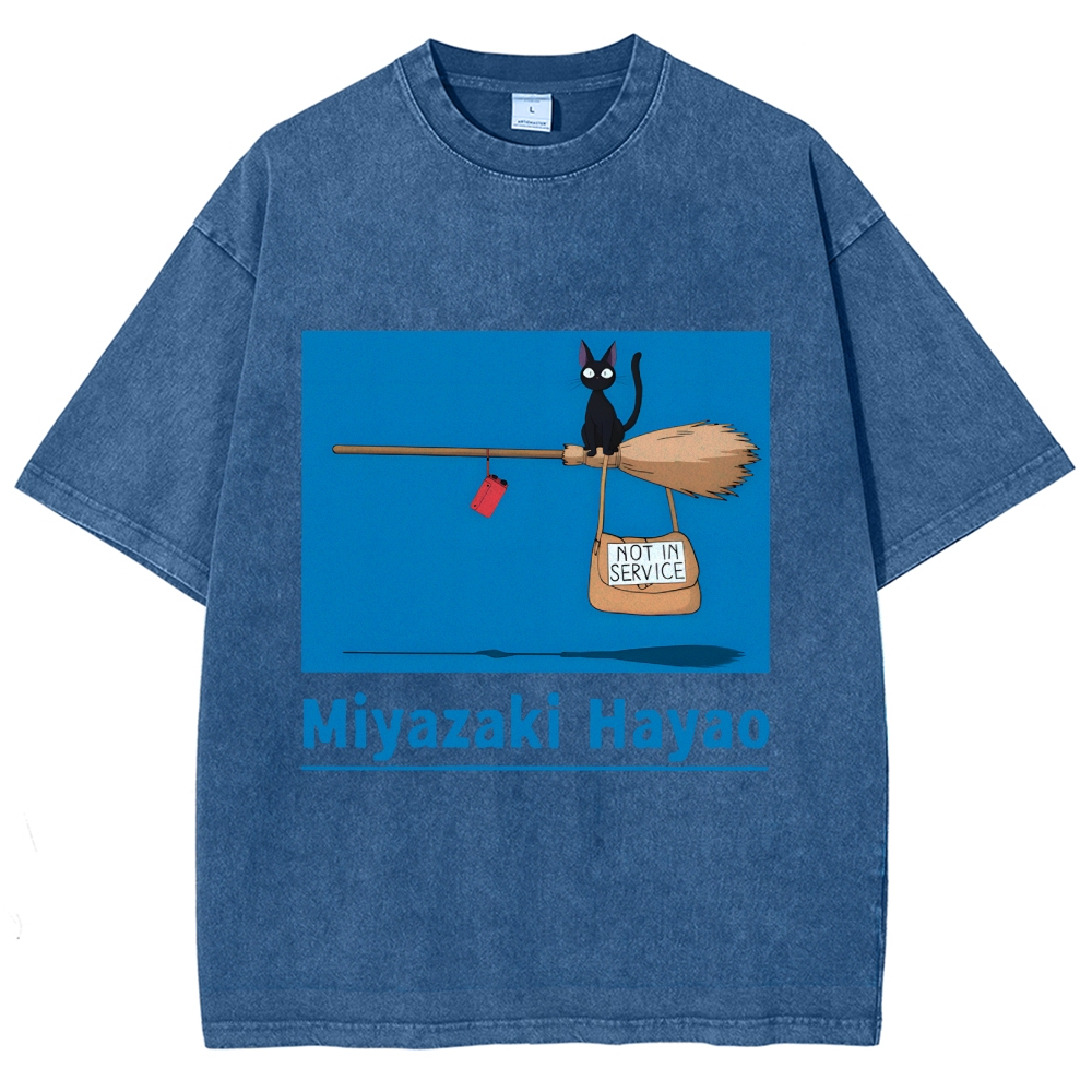 Ghibli Kiki's Delivery Service Miyazaki Hayao Cat Anime Vintage Wash Japanese Design T-Shirt