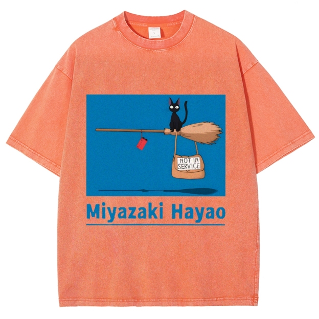 Ghibli Kiki's Delivery Service Miyazaki Hayao Cat Anime Vintage Wash Japanese Design T-Shirt
