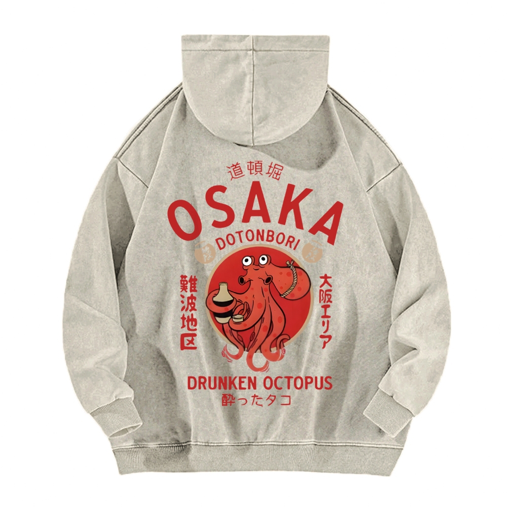Osaka Dotonbori Drunken Octopus Vintage Washed Cotton Back Art Hoodie