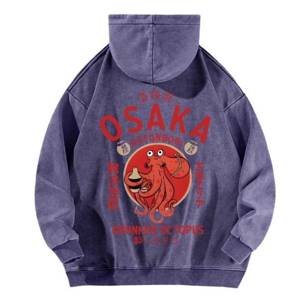Osaka Dotonbori Drunken Octopus Vintage Washed Cotton Back Art Hoodie