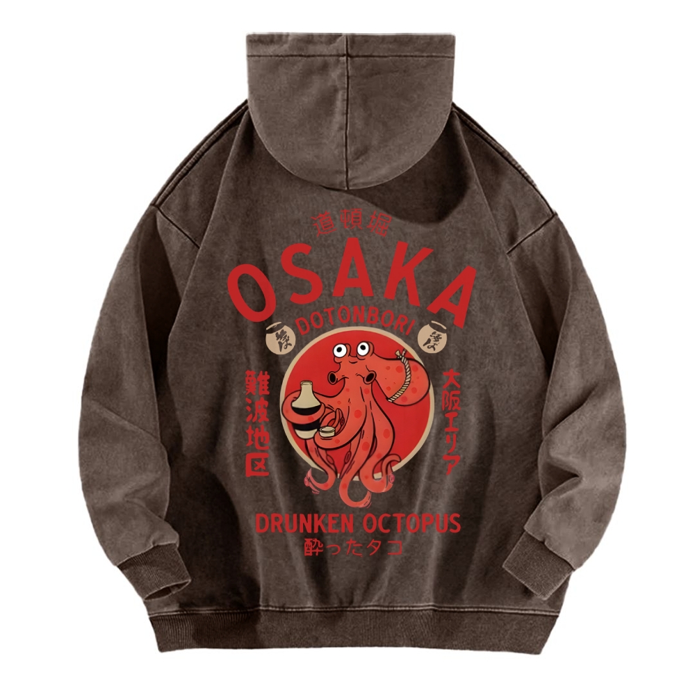 Osaka Dotonbori Drunken Octopus Vintage Washed Cotton Back Art Hoodie